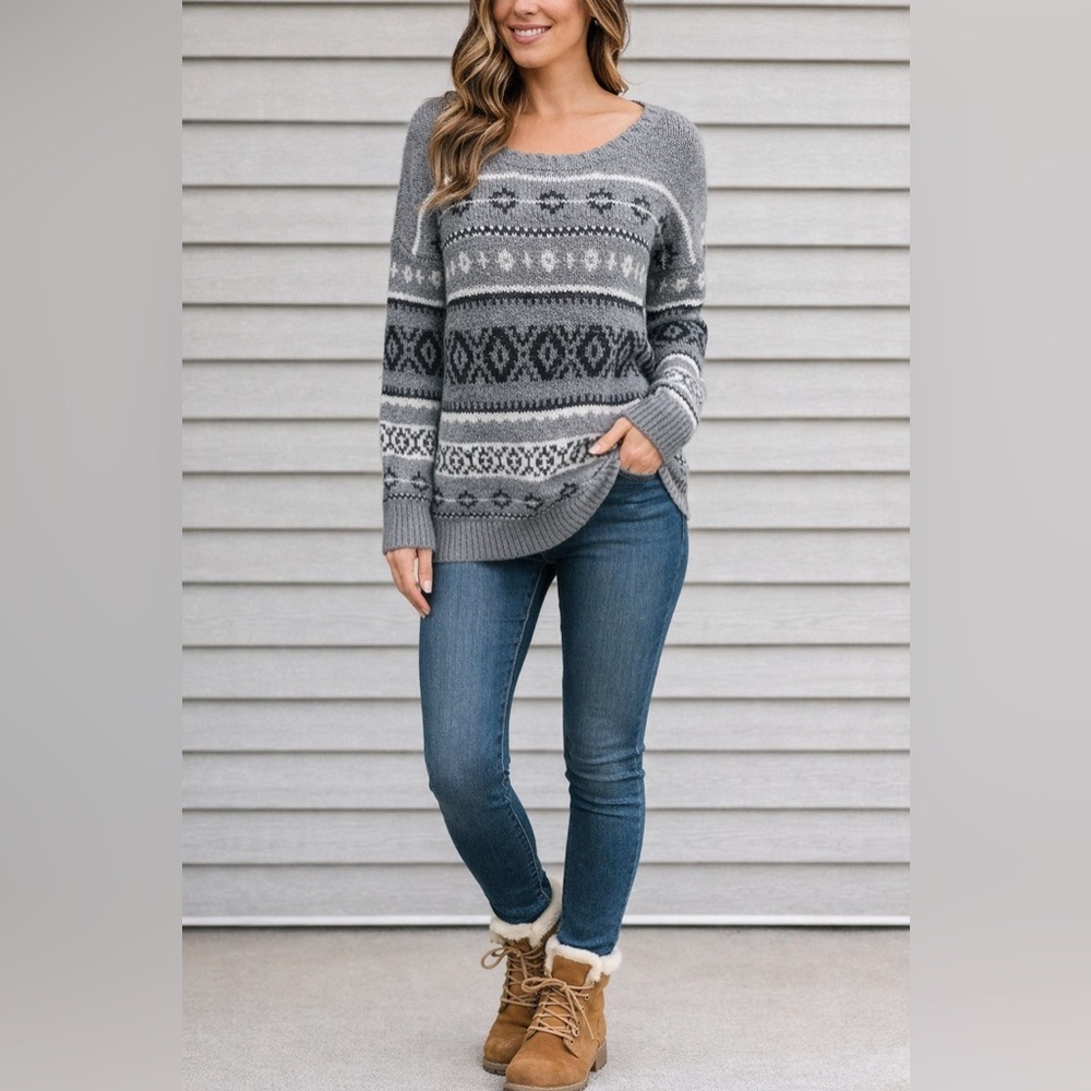Gray Fair Isle Patterned Women's Sweater Sz M
